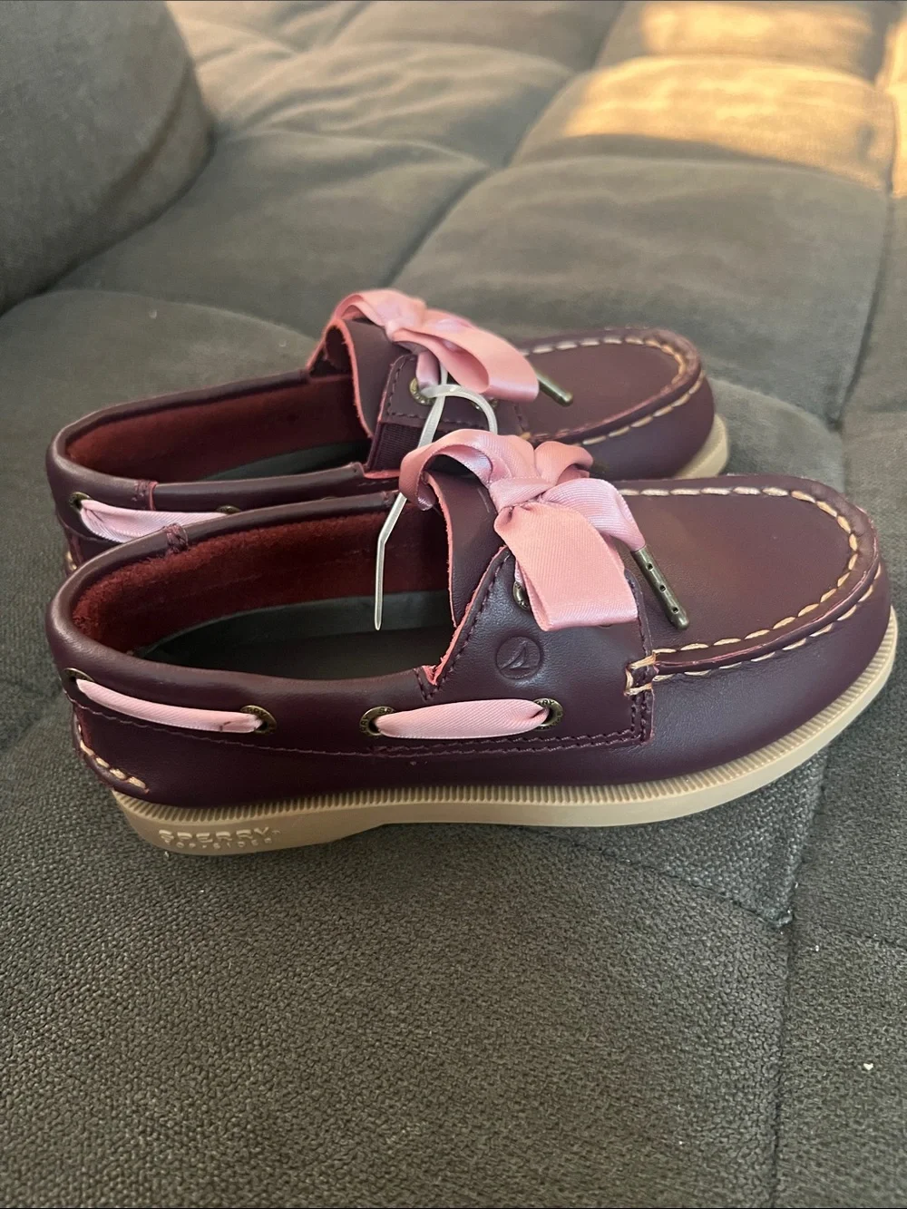Sperry Burgundy Kids Moccasins with Pink Ribbon